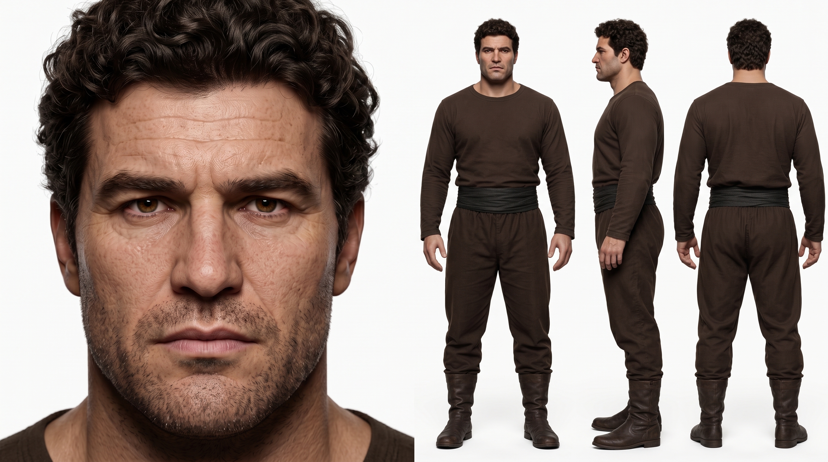 将图1中深棕色卷发、小麦色肤色、有胡茬和抬头纹的成熟硬汉男性，… - 图片创意预览