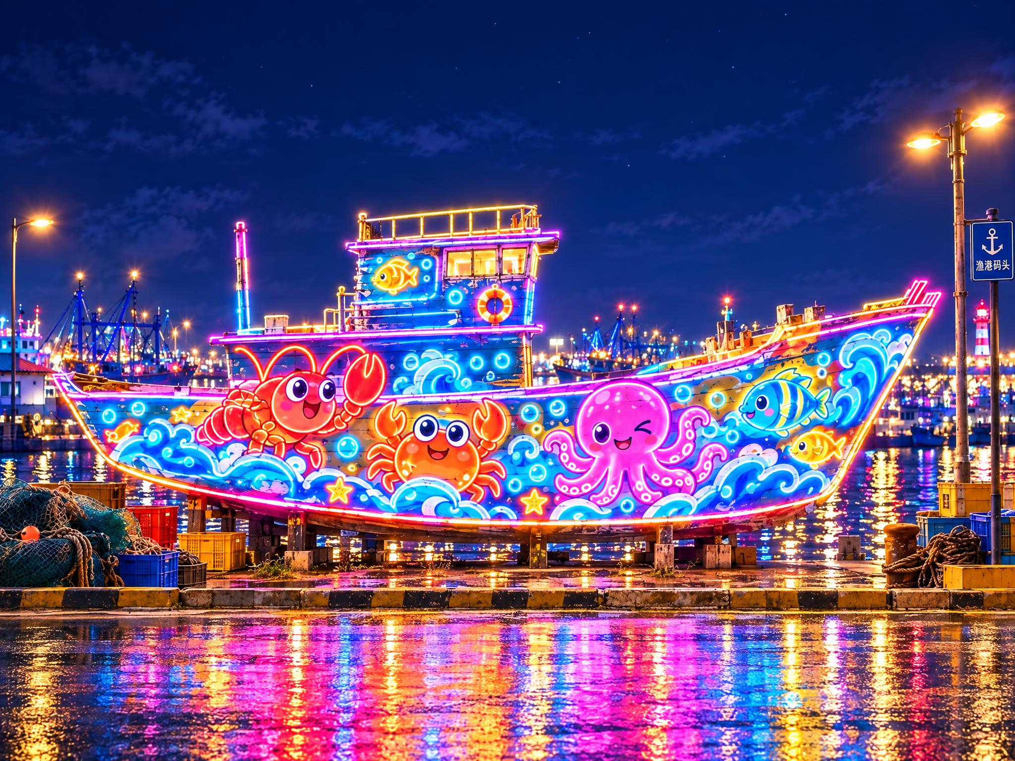 将场景改为夜晚，船身上的卡通海鲜涂鸦全部变成霓虹灯发光效果，龙… - 图片创意预览