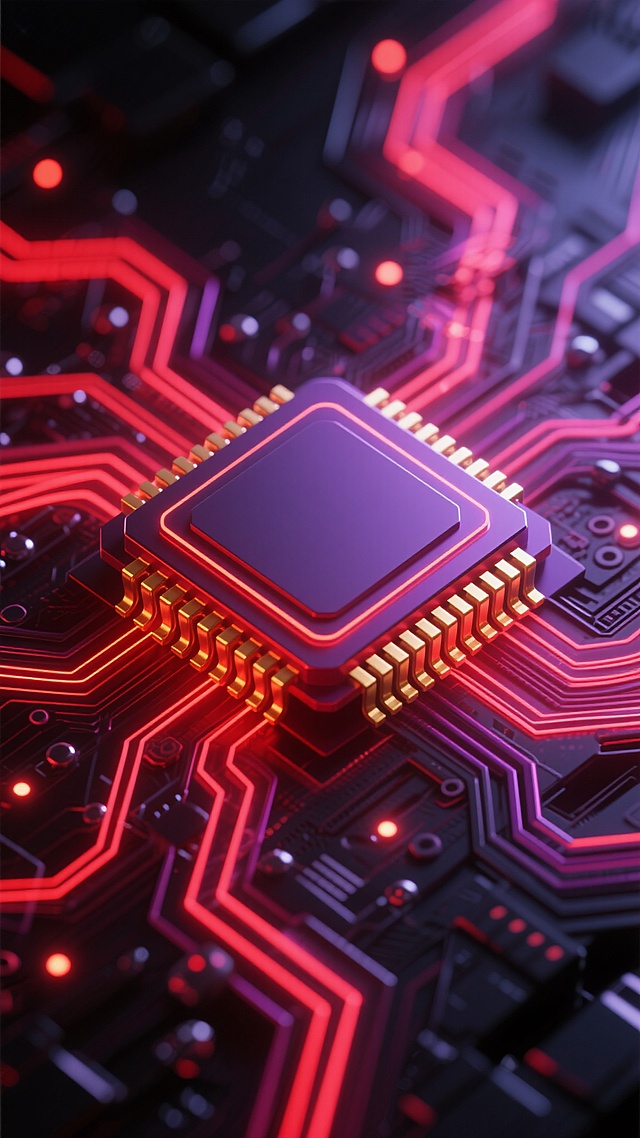 一张具有未来科技感的数字艺术海报，以红色和紫色为主色调，中央是一个造型变换为六边形的微处理器芯片，芯片边缘有发光的金色引脚，周围环绕着复杂交错的电路板线路，线路呈现出流动的红色和紫色光芒，部分线路末端有闪烁的光点，背景为深邃的黑色，整体营造出神秘而先进的科技氛围，光线从芯片中心向四周辐射，形成明显的视觉焦点和层次感，色彩对比强烈，科技感十足。