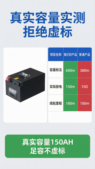 [第5屏] 磷酸铁锂锂电池核心性能实测，验证大容量足不虚标特性。
[氛围/风格] 专业实测风，浅色实验室背景，数据清晰展示，客观可信。
[元素布局] 页面顶部主标题，中部采用左右分栏对比结构：左侧展示预览效果