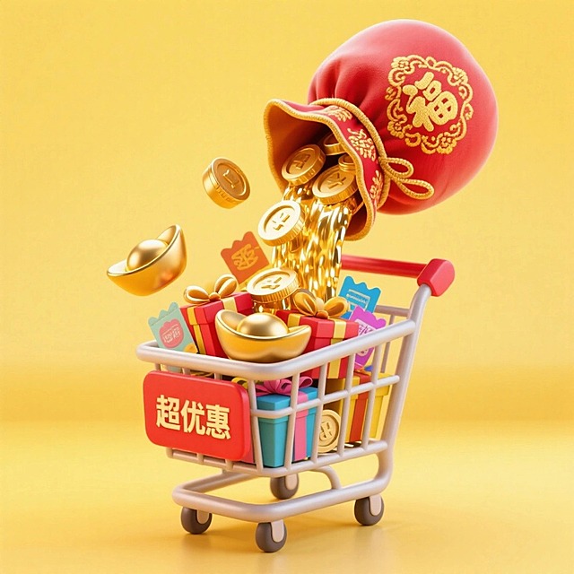 画面上方，一个福袋正倒出大量金币、金元宝，落入下方的购物车中，购物车里装满礼盒、金币、金元宝、优惠券，购物车侧面还挂着写有“超优惠”的红色标牌，黄色背景。