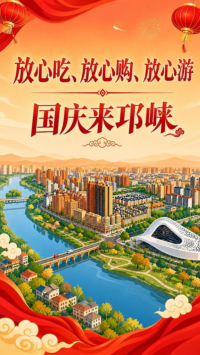 基于参考图进行修改：1. 删除从"国庆黄金周·邛崃等你来"横幅以下的所有内容（包括三列信息卡片、特惠套餐、我们的承诺、底部咨询热线和二维码等全部下半部分内容），只保留顶部主标题、副标题和中间的城市插画风景部分；2. 将主标题"国庆来邛崃"与副标题"放心吃、放心购、放心游"交换位置，即上方为"放心吃、放心购、放心游"作为主标题大字号，下方为"国庆来邛崃"作为副标题。保持扁平插画风格、暖橙红国庆配色、灯笼飘带祥云等节日元素不变。画面底部以城市插画自然收尾，排版精美，四周留安全边距。

画面中必须完整呈现以下文字信息：
主标题："放心吃、放心购、放心游"
副标题："国庆来邛崃"

画面中所有数字必须精确渲染，不得错位、遗漏或编造。