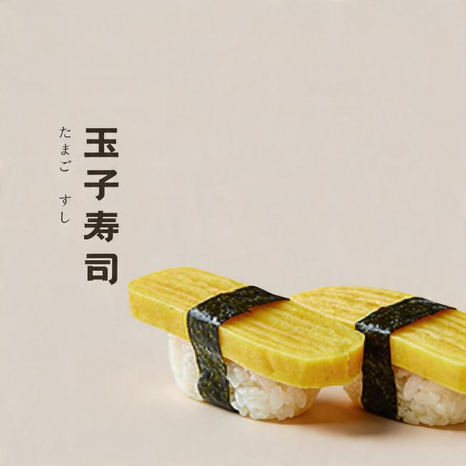 背景保持不变。优化成8K超高清商业美食摄影，寿司造型不变方向不变，玉子寿司造型精致，玉子烧纹理清晰色泽金黄自然，海苔深绿质感紧实，米饭紧实饱满。整体为极简高级风格，顶侧45°柔和自然光，细腻柔和的阴影预览效果