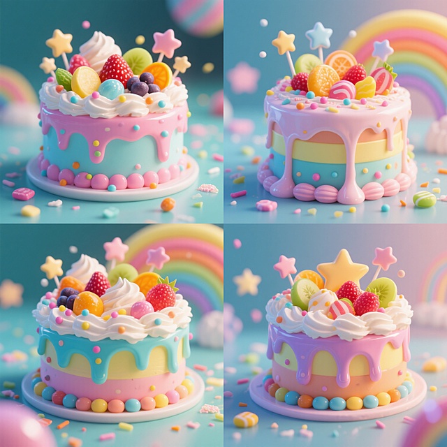 四格构图，每个格子中是一个充满梦幻色彩和童趣的立体蛋糕，具有超高清3D渲染效果，表面覆盖着厚实的奶油，装饰有各种水果、糖果、星星形状的糖霜和彩色糖珠，蛋糕边缘有融化滴落的糖霜效果，周围散落着小星星、糖果碎屑和彩虹元素，整体风格可爱、甜美、富有光泽感，色彩明亮饱和，光影效果柔和，带有轻微的模糊背景突出主体蛋糕。