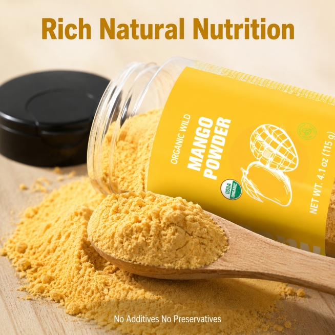 [主图-3] Macro detail display of mango powder texture. [氛围风格] Extreme detail close-up, highlight produ预览效果