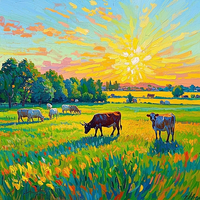 一个农场，旁边有牛羊，色彩明亮