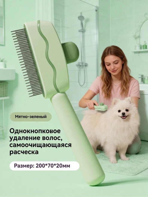 把图一中的刷子改成图二中的颜色，保持梳齿摆放位置不变，背景色调也改成图二的背景色调，图一中的小狗改成白色的博美犬，图一中人物的衣服颜色保持不变，图一右下角字体水印去掉，保留图片文字结构不变预览效果