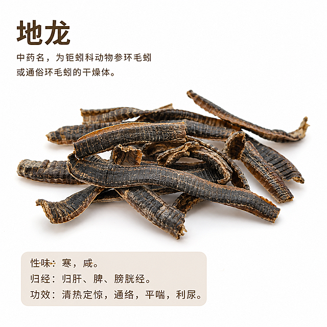 展示中药地龙的清晰图片，画面简洁易懂，适合初中生观看学习的科普风格，真实呈现地龙药材形态，背景干净明亮
