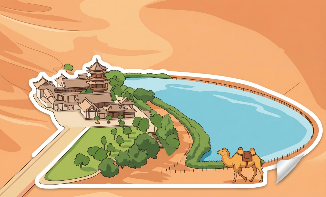 将这张鸣沙山月牙泉照片转换成插画贴纸风格，在前景沙漠上添加一只骆驼，保留原有的月牙泉、古建筑和沙丘构图，做成清新简约的插画贴纸预览效果