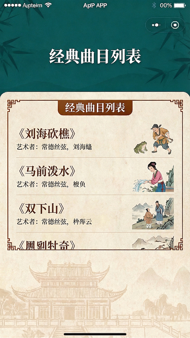 基于原图风格，生成经典曲目列表详情页，延续传统中式美学设计，页面展示常德丝弦经典曲目列表，搭配曲目相关配图，保持和前面界面一致的配色与设计风格