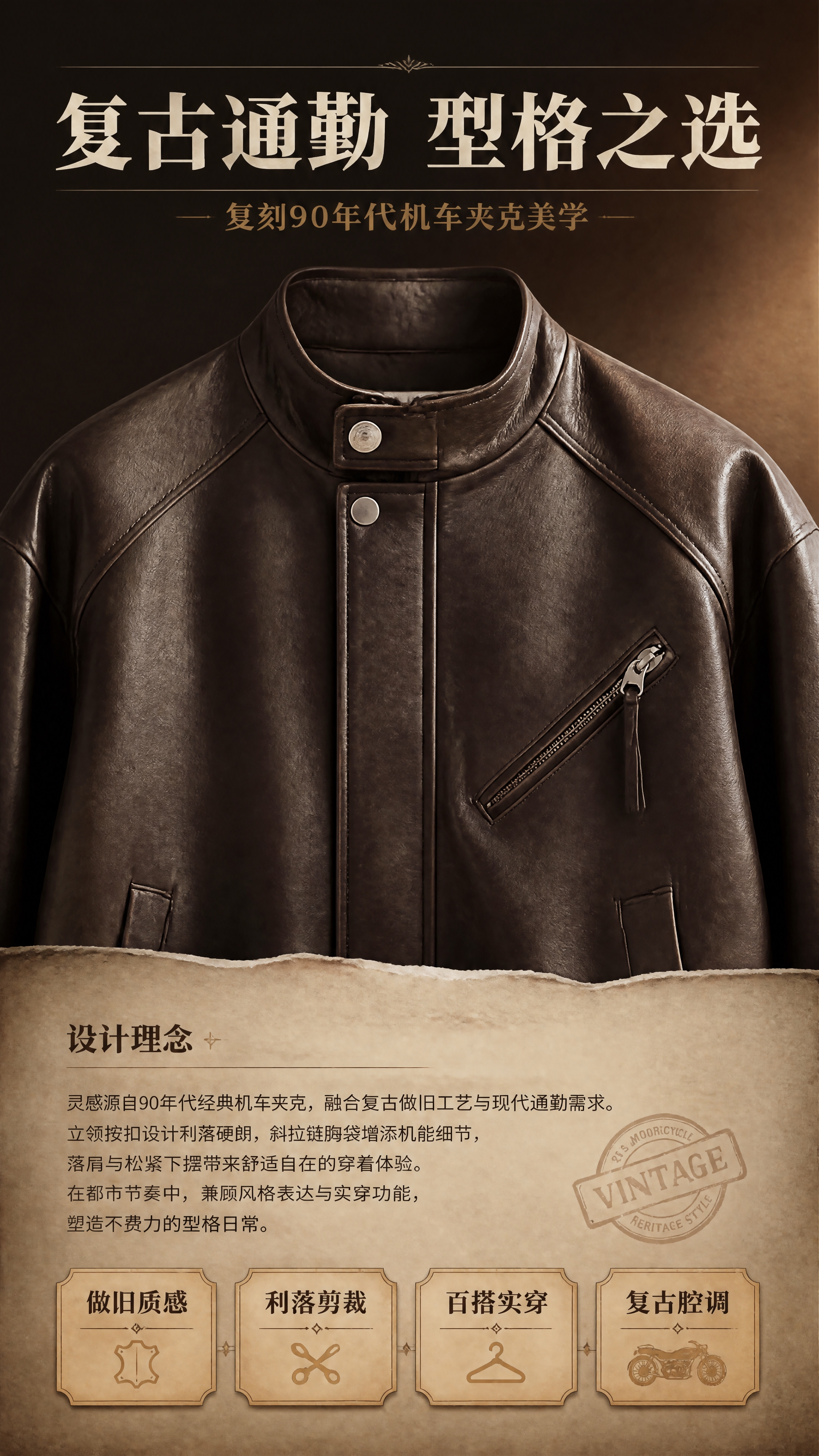 [商品] 使用【图1】深棕色立领PU皮夹克；商品处理：保留立领… - 图片创意预览