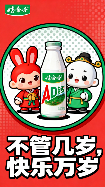 娃哈哈AD钙奶海报，主题“不管几岁，快乐万岁”，潮玩卡通风格，圆形构图，三个幼年福禄寿围绕AD钙奶瓶排列，福福红兔耳、禄禄绿休闲、寿寿白可爱，色彩饱和，加入波点元素背景，底部主题文字活泼醒目预览效果