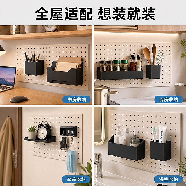 [主图-4] 多场景适用展示图，展示洞洞板配件在书桌、厨房、玄关、浴室等不同空间的使用效果，突出全屋适配。
[统一基调] 现代简约家居风格，明亮温馨的家居场景背景，主标题使用粗黑体黑色大字，辅助文字使用深灰色中号字体，强调色为雾霾蓝，整体温暖有生活感，字体统一为无衬线粗体。
[画面] 画面采用2x2宫格布局，四个宫格分别展示不同场景：左上是书房书桌洞洞板挂着笔筒和书信盒收纳文具；右上是厨房墙面洞洞板挂着置物盒收纳调料和厨具；左下是玄关洞洞板挂着置物架收纳钥匙和口罩；右下是浴室墙面洞洞板挂着储物盒收纳洗漱用品。每个宫格都是真实家居场景，产品安装在洞洞板上呈使用状态。宫格之间有细白色分隔线。
[光影质感] 真实家居生活摄影质感，每个场景都有自然的室内光线，产品与场景融合自然，光影统一，整体明亮温馨有生活气息。
[配色] 四个场景各有家居色调但整体协调，产品统一为黑色哑光金属，标题黑色，宫格分隔线白色，强调色雾霾蓝用于场景标签，整体温暖明亮。
[文字版式] 画面顶部居中主标题"全屋适配 想装就装"使用粗黑体黑色大字号；每个宫格右下角有雾霾蓝色圆角小标签，分别写"书房收纳""厨房收纳""玄关收纳""浴室收纳"，标签内文字为白色小号无衬线体。文字不遮挡产品主体。
[输出要求] 1:1正方形比例，2K分辨率，文字清晰无错字，产品外观结构与输入图完全一致，场景真实自然，产品与墙面连接真实无悬浮，画面干净无水印无平台Logo。