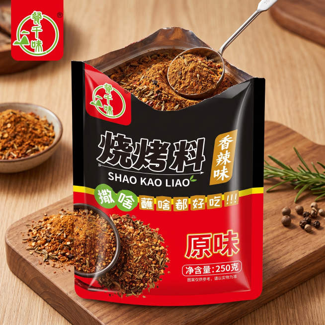 淘宝电商主图，餐千味原味烧烤料，包装打开展示产品实物，标注净含量信息，红黑配色，1:1比例预览效果