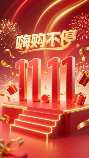 红色渐变背景带有流动的金色光纹，中央是红色动态立体字 “11.11”，字体随光效呈现明暗变化；上方用金色发光艺术字 “嗨购不停”，周围环绕动态炸开的红金礼盒、飞舞的金色丝带、持续绽放的烟花（带有拖尾光预览效果