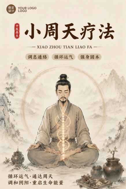 提取原第五张图，保留所有文案和水墨古风中医养生风格，内容为小周天疗法，背景保留山水元素，尺寸为75像素宽×120像素高预览效果