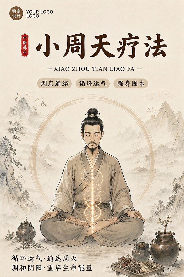 提取原第五张图，保留所有文案和水墨古风中医养生风格，内容为小周天疗法，背景保留山水元素，尺寸为75像素宽×120像素高
