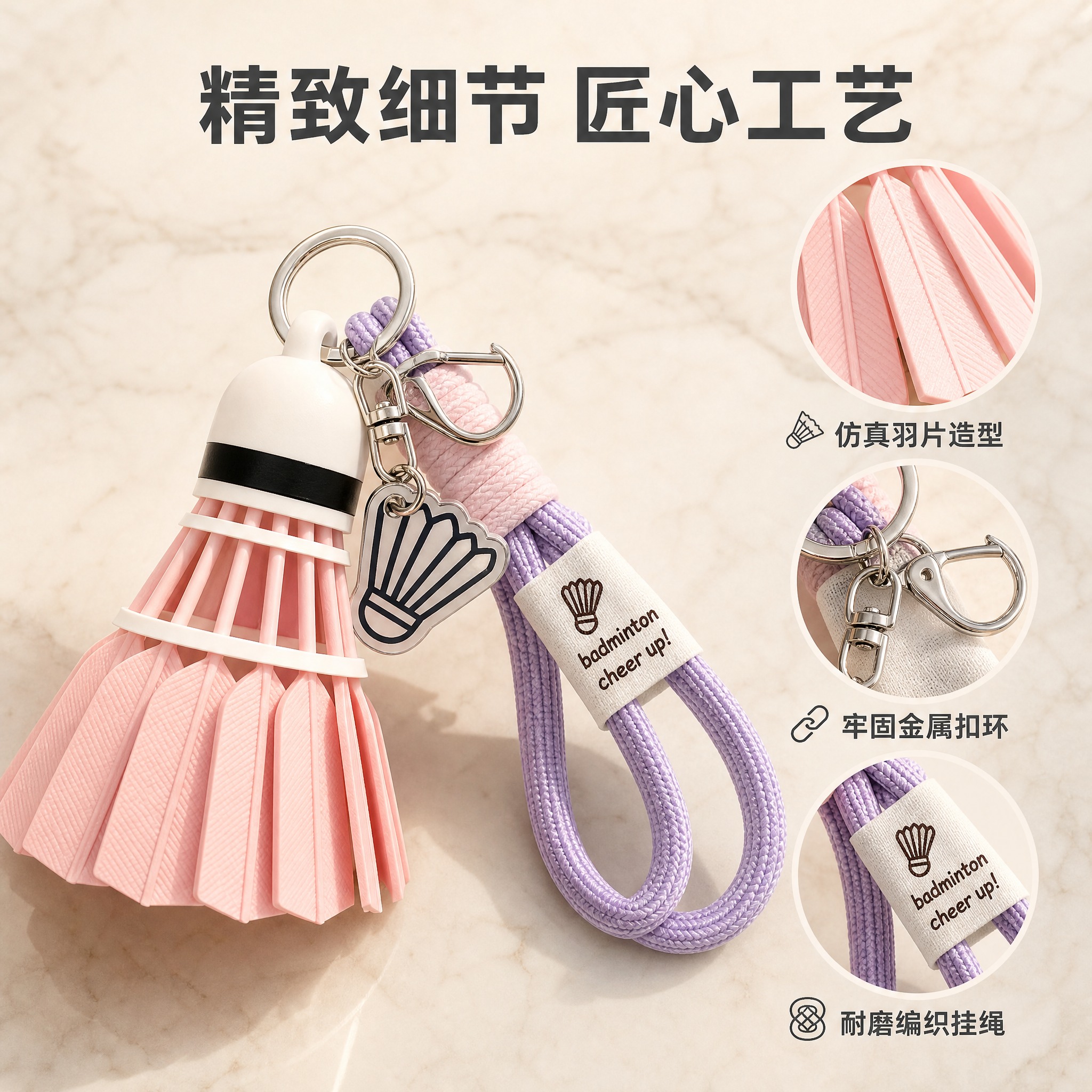 [主图-2] 粉色羽毛球造型钥匙扣挂件 材质细节卖点图。 [统… - 图片创意预览