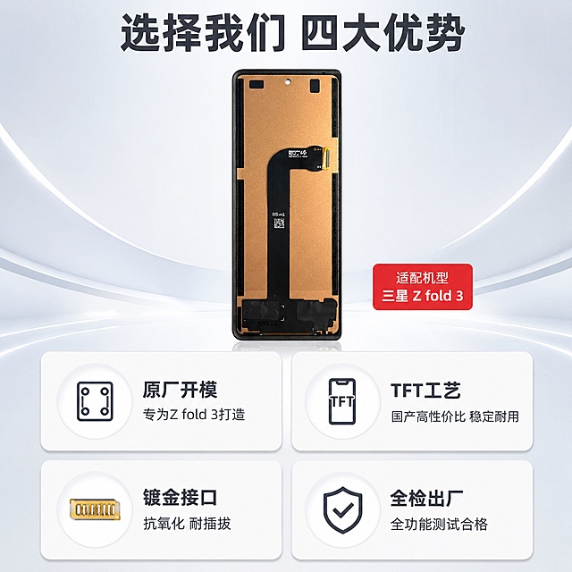 「图片1」，生成一套主图（5张），商品名称：三星 Z fold 3 外屏屏幕总成；说明：国产TFT手机屏幕总成，不可折叠，非OLED原装屏幕。备注：FOLD属于左右折叠的大屏幕折叠手机，外屏是不需要折叠的，三星对第三方屏幕配件有明确限制，安装后请不要升级最新系统，以免出现保修以外的情况。适配淘宝/天猫平台，主图比例为1:1