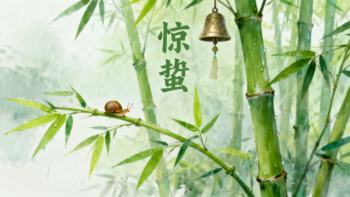 画面带有“惊蛰”字样，春雨中嫩绿竹子上爬着惊蛰苏醒的小蜗牛小动物，竹子树梢挂着一个轻轻晃动的风铃，春雨湿润朦胧，整体充满春日蓬勃生命力，清新治愈的国风春天场景预览效果