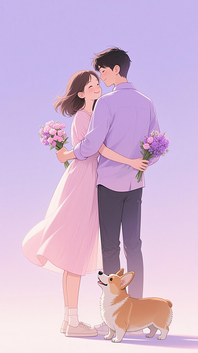 二次元风格情侣插画，清新明亮的色调改为温柔浪漫的粉紫色调，女孩穿着浅粉色连衣裙，男孩穿着淡紫色衬衫，他们依偎在一起，男孩从背后温柔地环抱着女孩，女孩侧脸微笑着靠在男孩肩上，两人手中分别拿着一小束粉紫色系的花束，脚下一只可爱的柯基犬抬头望着他们，画面充满温馨甜蜜的氛围，整体构图采用水平对称式，光影柔和，线条流畅，色彩和谐统一，背景为纯色渐变，突出人物主体。