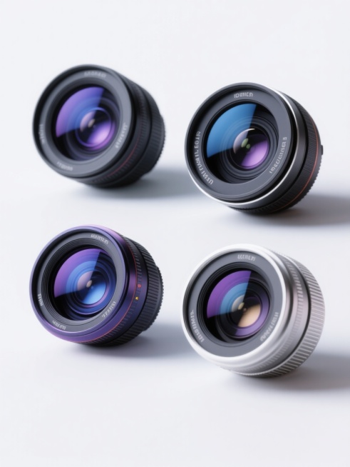 4个不同样式、不同外观的相机镜头，白色背景，排列整齐，每个镜头都有独特的镜筒设计与色彩搭配，镜头内部呈现出深邃的多层光学镜片结构，带有蓝紫色渐变的反光效果，高光点清晰明亮，整体采用写实的3D渲染风格，边缘平滑，质感细腻，构图简洁，视觉层次分明，突出镜头的专业感与科技感。预览效果