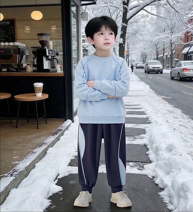 把图1模特穿的衣服和裤子给图的2的人物穿上，保留原场景光影，保持图2的人物的五官和发型不变，图片宽高尺寸不变，背景不变，人物姿势不变，保持图1的衣服裤子的款式和颜色不变