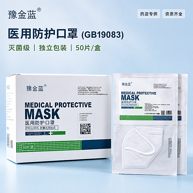 [主图-1]医用N95防护口罩首图展示
[氛围风格]医疗专业干净风格，简洁高级
[画质]商业摄影质感、光线柔和通透、产品清晰真实、画面干净高级
[元素]将图1的豫金蓝医用防护口罩盒子正面居中放置，稍微倾斜摆放增加立体感，在盒子旁边摆放1-2个图2中的独立包装袋展示内部结构。左上角提取原品牌豫金蓝logo保持原有字形和配色，不遮挡主体。保持口罩盒子和独立包装袋的外观物理结构材质质感颜色与输入图片绝对一致，杜绝任何变形和色差，精细化处理。商品主体占比严格控制在60%-80%之间，画面满屏无边框
[光影]主光从正面偏上方打来，均匀照亮产品，柔和的阴影增加立体感，整体通透明亮，符合医疗产品干净专业的调性
[配色]背景使用干净的浅蓝底色，突出医疗专业感，文字使用深绿色和深蓝色提取产品本身色彩，与浅蓝背景形成清晰对比
[视角构图]平视构图，主体居中，景深适中，产品完整不裁切
[文字版式]左上品牌logo下方，主标题醒目: "医用防护口罩 (GB19083)"，加粗深蓝色大字号字体；副标题: "灭菌级 | 独立包装 | 50片/盒"，绿色中等字号；右上角角标B端诱饵: "药店专供"和"资质齐全"，两个小徽章样式的浅色底深色字标注；所有文字清晰可辨，不遮挡主体，安全边距合适
[比例分辨率]1:1比例，4k分辨率，文字清晰可辨，超高清
[负向提示词]变形，水印，文字错乱，产品图模糊，背景杂乱，色差，遮挡主体