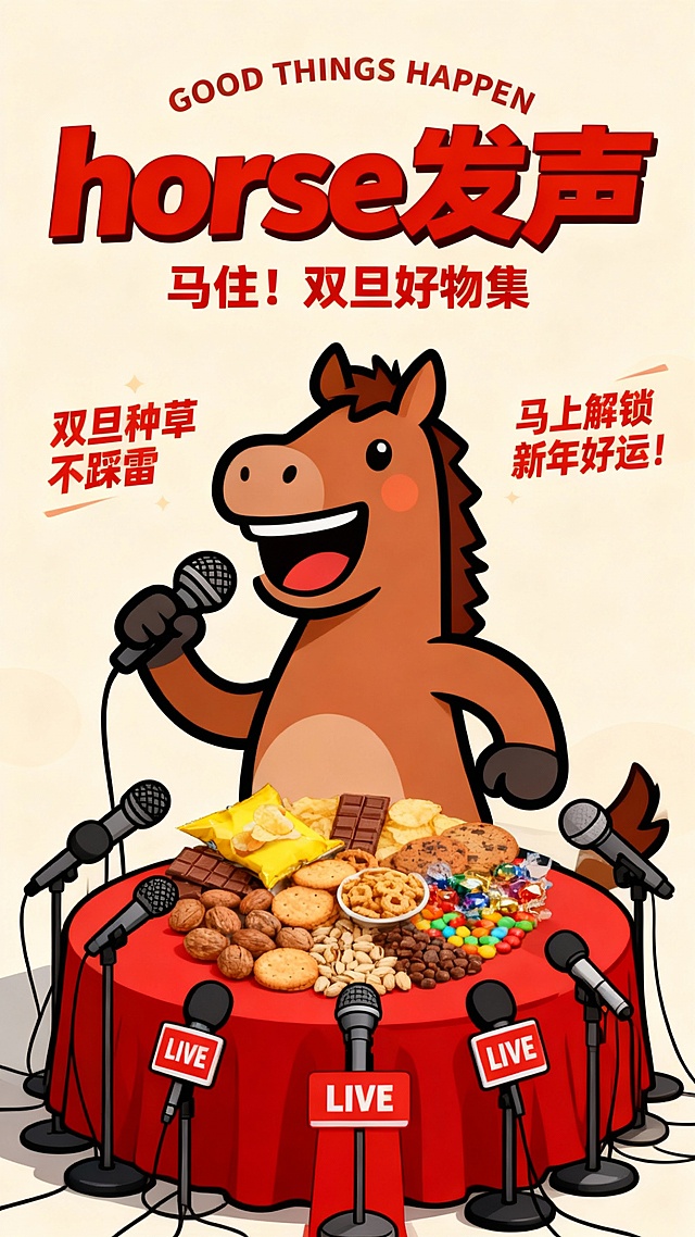 主体是夸张卡通化的拟人马形象（线条粗犷、表情欢快，手持话筒配合采访姿态）。下方铺着红色桌布的圆桌摆放各类图示零食，桌前环绕多支麦克风，点缀带 “LIVE” 标识的红色立牌。浅米色背景，顶部有英文 “GOOD THINGS HAPPEN”，中间是大尺寸主标题 “horse 发声”（ 红色夸张字体 ），下方副标 “马住！双旦好物集”，两侧分别一句创意文案1.双旦种草不踩雷”2.马上解锁新年好运！。