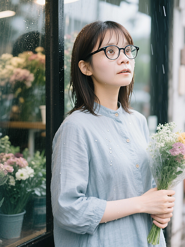 雨中花店前，少女手捧花束，水珠轻落，胶片风柔光晕染，东亚文艺气息弥漫，朦胧光影间尽显清新优雅与浪漫温馨。