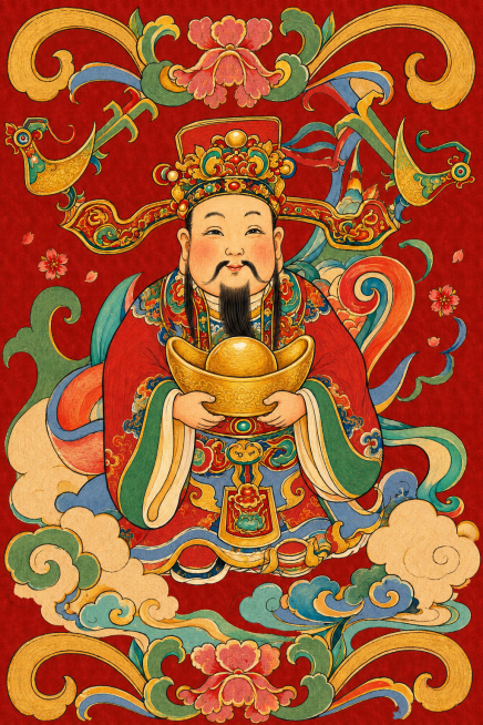 增强财神脸部和手中金元宝的手绘痕迹，让线条和笔触更加明显突出，保留整体国潮年画风格和构图不变预览效果