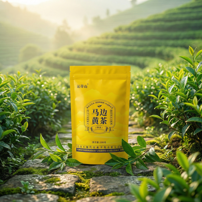 [主图 2] 马边黄茶产地茶园场景图，中式茶园风格。商业摄影质感，光线柔和通透，产品清晰真实，画面干净高级。保留产品包装上的所有文字，保证左上角沁芽山字体清晰可辨，不额外添加其他文字文案，移除右侧干茶预览效果