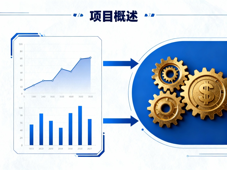 科技商务风方案：专业蓝金配色，模块化分栏布局，突出数据图表与流程箭头，强化系统严谨性预览效果