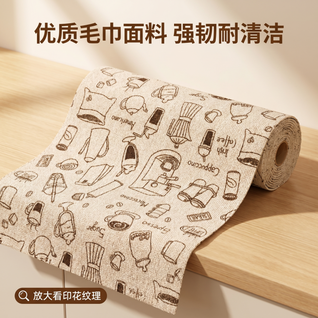 [主图-3] 手撕抹布材质细节展示图，家居治愈风。
[氛围风格] 真实质感展示，干净通透突出品质
[画质] 商业摄影质感、光线柔和通透、产品清晰真实、画面干净高级
[元素] 放大展示手撕抹布的毛巾面料预览效果
