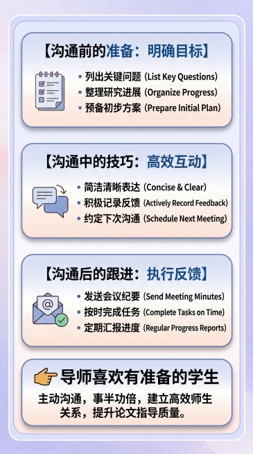制作一张研究生论文辅导知识科普图文，排版精致，画面有质感，与前两张排版有明显区别，无水印。参考图风格为淡紫浅蓝渐变背景，圆角卡片布局，底部用指示箭头突出总结文案："👉 导师喜欢有准备的学生"，总结主预览效果