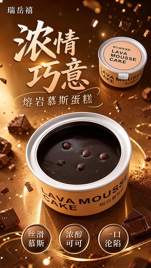 青春时尚活力风格的食品海报，竖版9:16。画面左上角是楷体文字logo"瑞岳禧"，纯文字无图标。画面中央偏下位置以打开的巧克力味熔岩慕斯蛋糕为主体，蛋糕罐体为暖橘棕色，内馅是深黑巧克力慕斯配巧克力豆，产品外形、包装、颜色、罐体形状100%还原上传图，产品样子不能改变。画面右上角小尺寸展示完整未开封的同款蛋糕罐作为辅助。背景为深棕暖金渐变，带有活力光斑和巧克力碎元素，整体明亮通透充满青春活力。画面上方大字主标题"浓情巧意"，副标题"熔岩慕斯蛋糕"。画面下方三个圆形卖点标签："丝滑慕斯"、"浓醇可可"、"一口沦陷"。版式精美，层次分明，商业摄影质感，2K高清，食欲感满满