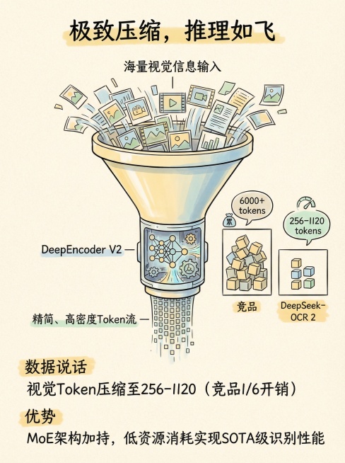 图片 4: 性能与效率 - 极致 Token 压缩
核心信息： 强调“快”和“省”，高压缩率是本次升级的一大亮点。

图片设计：

画面采用漏斗或压缩机的概念。

上方是海量的视觉信息输入，经过中间的预览效果