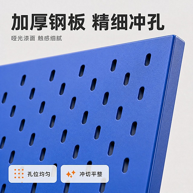 [主图-3] 主题：材质工艺特写图。唯一任务——用微距细节证明板体厚实、冲孔精细、漆面细腻耐磨。
[统一基调] 现代简约家居实拍风；背景浅灰白到暖白；标题深炭灰色；辅助文字中灰色；强调色亮蓝加暖橙；整套只用一种无衬线粗黑体，标题字号最大、辅助文案缩小百分之五十以上；信息元件统一为轻量白底半透明圆角卡片，配细描边与线性图标，不用厚重色块、通栏和边框。
[画面] 亮蓝色长条冲孔金属洞洞板的局部微距特写，斜侧近景角度拍摄板面，孔洞边缘冲切平整无毛刺，孔与孔之间间距均匀，板面漆层细看有均匀哑光颗粒；画面一角露出板体边缘的侧面厚度与圆润包边，展现金属板体的分量感；板面洁净无污渍、无色差。
[光影质感] 棚拍模拟硬柔比适中的侧光，孔洞内形成深浅渐变的暗部，板面哑光漆呈现细腻低反光，边缘高光细窄不发白，质感像真实商业摄影。
[配色] 亮蓝板体为主，背景浅灰白虚化，画面上方标题深炭灰，强调图形用暖橙。
[文字版式] 画面上方标题「加厚钢板 精细冲孔」粗黑体、深炭灰、字号最大；标题下方小字「哑光漆面 触感细腻」字号缩小百分之五十以上、中灰色；画面下方横向两枚白底半透明圆角标注卡片，文字「孔位均匀」「冲切平整」；整体文字放在空白区域不遮挡孔面细节。
[输出要求] 正方形一比一构图，文字清晰可读、中文横排不拉伸，主体孔型密集均匀不糊成一片；板体颜色与孔型与输入图完全一致，不改变孔的形状。
[负向] 变形 错字 模糊 杂乱 水印 平台Logo AI生成标识 锈迹 掉漆 指纹 污渍 悬浮 人物