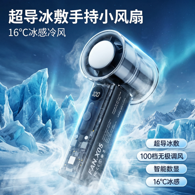 [主图1 首图] 基于原图的冰敷手持小风扇，产品外观必须和原图保持100%一致，不能改变造型。冰川雪山科技风，背景是极寒冰川雪山蓝调冷感场景，弥漫着低温白雾冷气，突出冰感氛围，产品居中放大占据画面主体预览效果