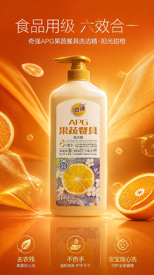 第1张 详情页头图，奇强APG洗洁精（甜橙款），高端深橙轻奢风。使用图1作为商品主体。
抖音快手竖版，高端轻奢，深橙渐变，品质感。
洗洁精瓶立于画面中央占50%，外观与输入图一致。背景深橙到浅橙渐变，橙色光效线条和光斑。底部橙色倒影。两侧橙子片和柔纱漂浮带金色边缘光。
侧逆光+金色轮廓光，产品立体，高端商业摄影质感。
背景深橙#FF6B00渐变到浅橙，主色产品橙黄，辅助色金色光效，点缀色橙子片。
顶部大标题「食品用级 六效合一」白色细黑体；副标题「奇强APG果蔬餐具洗洁精·阳光甜橙」白色；底部三个金色图标+文案「去农残」「不伤手」「宝宝放心洗」。高端大气。
9:16竖版，4K高清。
负向：变形，错字，模糊，杂乱，水印，价格。
