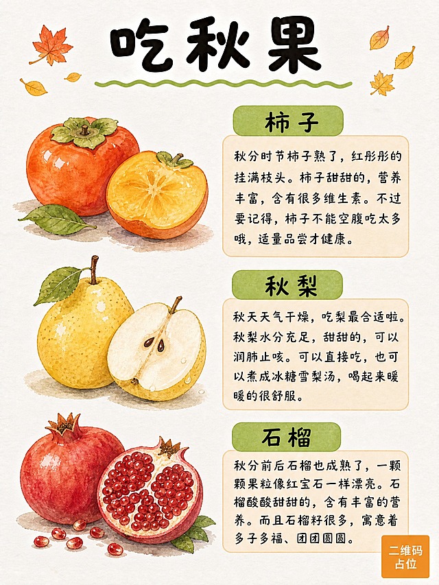 参考图的手绘水彩卡通风格（米白宣纸纹理背景、圆润可爱Q版插画、黑色粗圆体标题、橙色圆角标签、左图右文布局、秋叶装饰、二维码占位），制作一张「吃秋果」详细科普海报。

【整体风格】与参考图完全一致的手绘水彩质感，米白色宣纸纹理底色，色彩温暖柔和，Q版可爱画风。

【顶部标题区】
- 主标题（黑色粗圆体大字）："吃秋果"
- 标题下方一条绿色波浪装饰线
- 标题两侧点缀几片飘落的橙黄色秋叶

【内容区】上下分三个板块，每个板块左图右文，图文并茂：

板块一（柿子）：
- 左侧插画：两个橙红色的柿子，一个完整的，一个切开露出黄色果肉，带着绿色的柿蒂
- 右侧文字区：
  - 小标题（绿色圆角标签）："柿子"
  - 正文："秋分时节柿子熟了，红彤彤的挂满枝头。柿子甜甜的，营养丰富，含有很多维生素。不过要记得，柿子不能空腹吃太多哦，适量品尝才健康。"

板块二（秋梨）：
- 左侧插画：一个完整的大黄梨和一半切开的梨，露出白色的果肉和黑色的籽，汁水饱满
- 右侧文字区：
  - 小标题（绿色圆角标签）："秋梨"
  - 正文："秋天天气干燥，吃梨最合适啦。秋梨水分充足，甜甜的，可以润肺止咳。可以直接吃，也可以煮成冰糖雪梨汤，喝起来暖暖的很舒服。"

板块三（石榴）：
- 左侧插画：一个红红的石榴，一半剥开露出满满的红色果粒，像红宝石一样晶莹剔透
- 右侧文字区：
  - 小标题（绿色圆角标签）："石榴"
  - 正文："秋分前后石榴也成熟了，一颗颗果粒像红宝石一样漂亮。石榴酸酸甜甜的，含有丰富的营养。而且石榴籽很多，寓意着多子多福、团团圆圆。"

【排版】整体竖版，标题居中在上，三个板块纵向排列，每个板块左图右文，图文之间留有舒适间距。右下角有橙色二维码占位方块。文字清晰易读，整体风格与参考图高度统一。

画面中所有信息区域必须填充完整合理的内容，不得出现空白框、空白占位。画面中所有二维码区域使用纯色方块占位符呈现，方块中央标注"二维码占位"文字，严禁生成任何可识别的二维码图案。