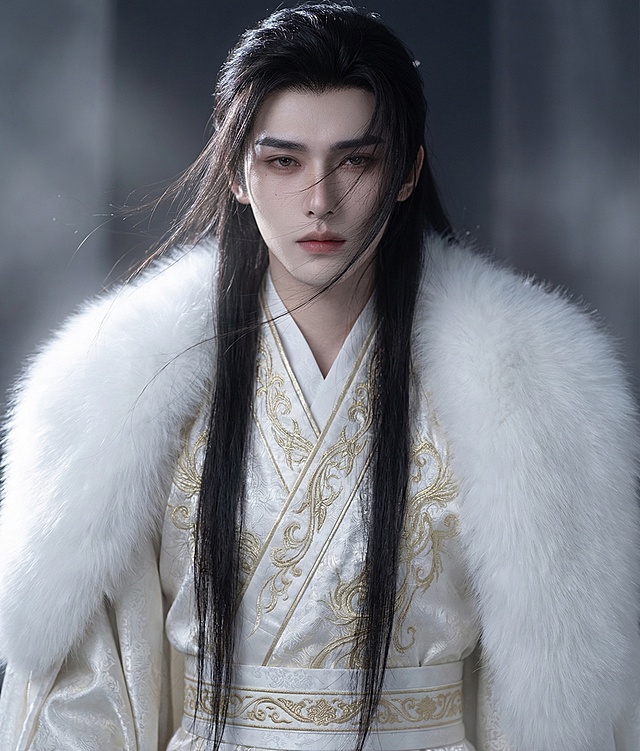 基于原图修改，保留古风黑发白衣男子形象，调整为正面半身像，身穿月白色绣金线锦袍，配白色金纹腰带，外套仙气裘皮，乌黑长发，皮肤白皙，21岁，正视图，肌理质感，情绪氛围感拉满，层次感，细节丰富清晰精致，高清画质，发丝拂面，面部聚焦，面部阴影，绝美眼睛，线条清晰，高级感朦胧感，面部清晰，明暗对比，超高清高质量，丰富细节细腻肌理，柔和感情的眼神，阴郁感，写实逼真，潇洒