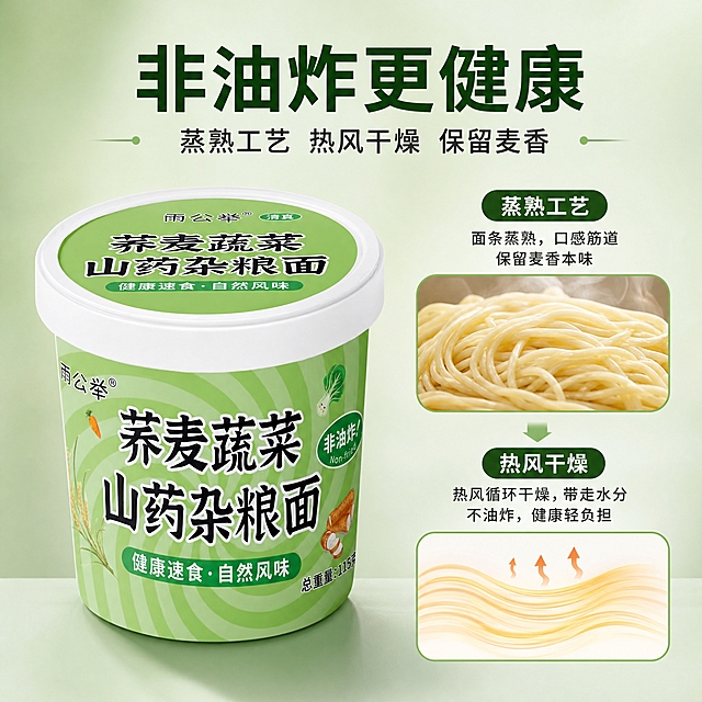 [主图-3] 非油炸工艺展示 突出健康制作工艺 区别于传统油炸方便面
[统一基调] 整体风格务实简约 绿色健康风 背景主色为浅灰绿渐变 标题字色为深绿色 辅助字色为深灰色 强调色为橙绿色 字体为清爽黑体 字形稳重不花哨
[画面] 桶装面位于画面中央偏左 占比约50% 正面展示 桶身标签清晰 非油炸标识醒目 画面右侧用简洁的图示展示非油炸工艺 上方是蒸熟的面条特写 面条根根分明 有自然麦香色泽 下方是热风干燥的简约示意 用流动的线条和热气表现 不用夸张的机械图 背景为浅灰绿色渐变 干净清爽 突出健康工艺概念
[光影质感] 柔和均匀布光 面条特写有自然光泽 体现蒸熟后的筋道质感 产品桶身光影自然 底部有柔和阴影 整体干净通透
[配色] 背景浅灰绿渐变 面条自然麦黄色 产品绿色桶身 整体色调清爽干净 不油腻
[文字版式] 画面上方主标题 非油炸更健康 大号粗黑体深绿色 下方辅助文案 蒸熟工艺 热风干燥 保留麦香 小号黑体深灰色 右侧工艺图示旁有简短说明文字 文字排版简洁 不杂乱
[输出要求] 1:1正方形 2048x2048 文字清晰可读 产品清晰 无错字 无水印 无平台Logo 无夸张宣传 务实说明工艺特点