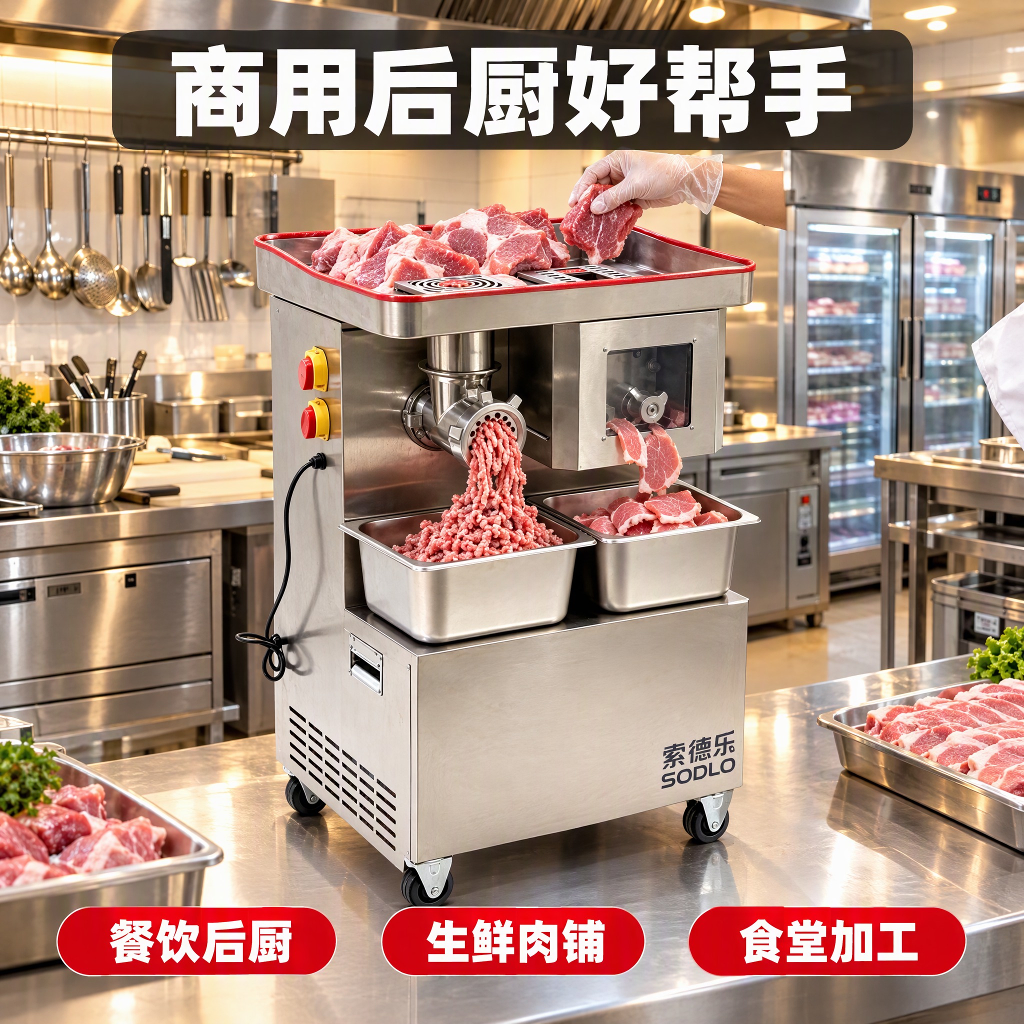 [主图-4] 索德乐商用绞切两用机 商用厨房使用场景图，展示实… - 图片创意预览