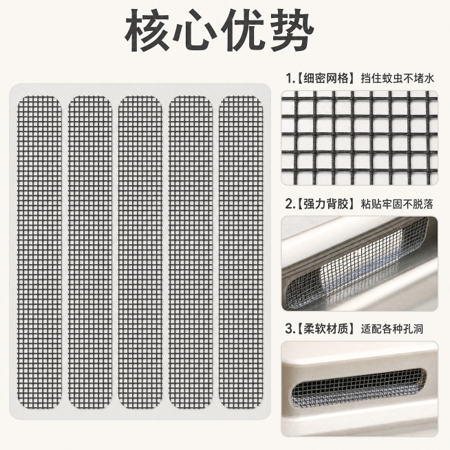 [主图-3] 产品细节与核心功能展示图
[氛围风格] 家居治愈风，干净简约专业质感
[画质] 商业摄影质感、光线柔和通透、产品清晰真实、画面干净高级
[元素] 保持流水孔防蚊贴窗产品外观网格纹理、材质预览效果