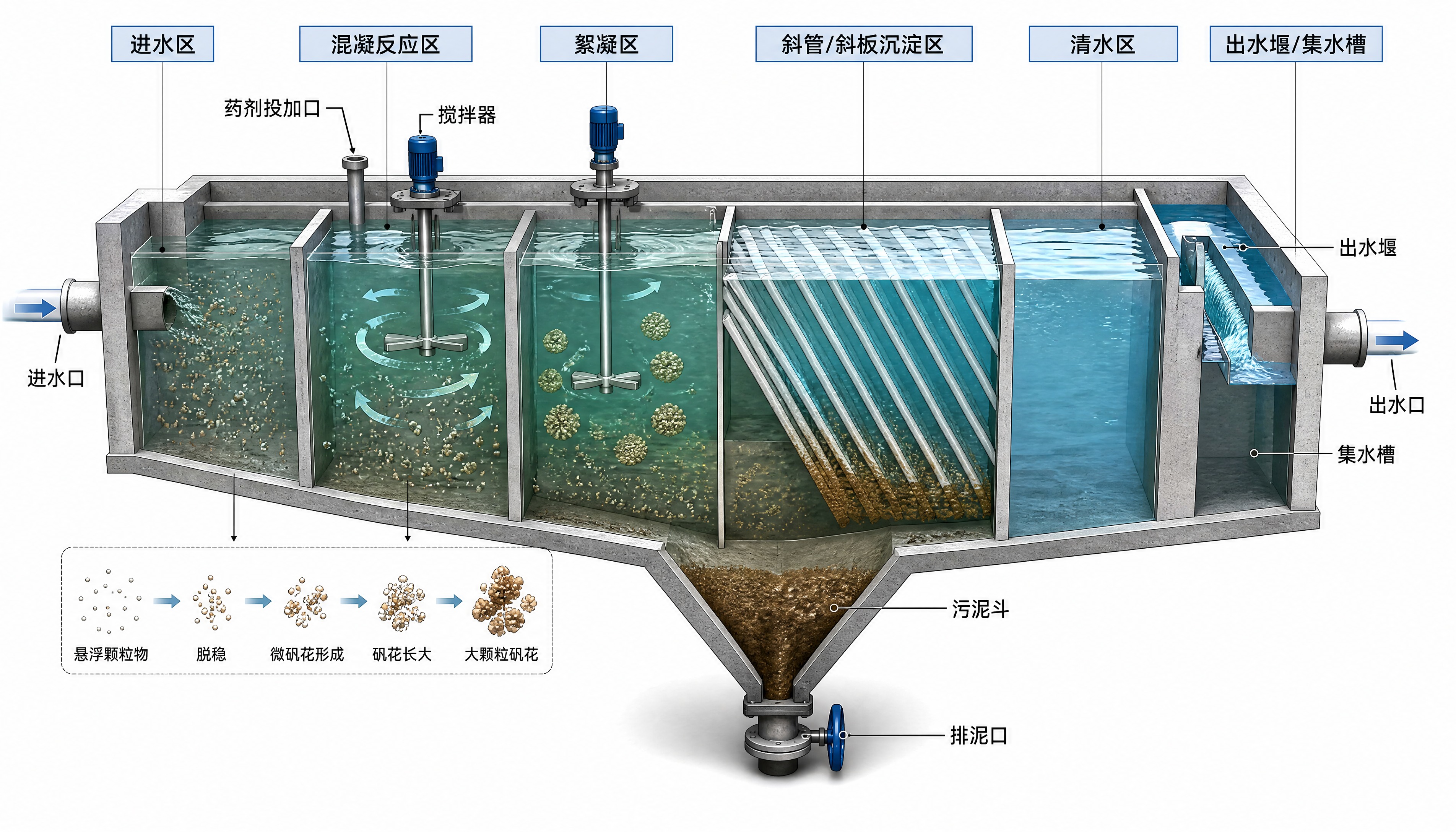 工业污水处理混凝沉淀池3D剖面剖析图，展示混凝沉淀池的横截面结… - 图片创意预览
