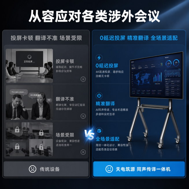 [第7屏] 痛点打消对比展示，解决传统会议设备投屏卡顿、翻译不准、适配场景少的问题。左半区展示传统设备痛点，右半区展示本款产品优势。风格科技商务，冷调深灰蓝背景，整体对比清晰。产品主体放在右侧优势区，预览效果