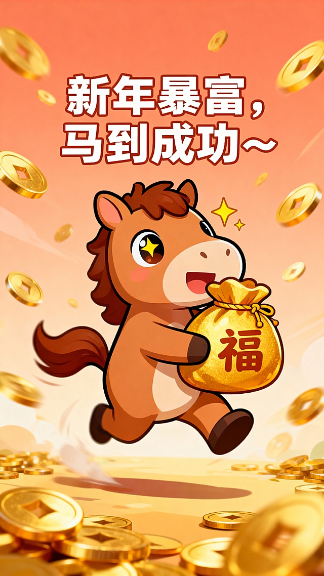 卡通风格小马拟人化奔跑，怀抱鎏金福袋，金币纷飞，喜庆插画风，传递新年暴富祝福。