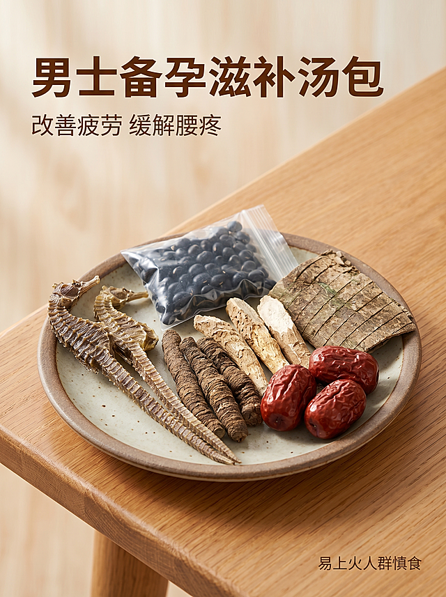 [主图 1] 男士备孕滋补汤包首图。[氛围风格] 天然滋补养生风，传统药膳食疗质感。[画质] 商业摄影质感、光线柔和通透、产品清晰真实、画面干净高级。[元素] 原产品药材摆盘居中展示，放置在古朴实木桌面上，搭配素雅粗陶盘承托，保留原有六种药材：海马、巴戟天、黑豆、牛大力、杜仲、红枣，保持产品外观物理结构、材质质感、颜色与输入产品图绝对一致，杜绝任何变形和色差，精细化处理。商品主体占比严格控制在 60%-80% 之间，画面满铺无边框。背景融入浅木色纹理，自然淡雅不抢主体。[光影] 自然柔光从侧方入射，暖调光线凸显药材的天然纹理质感，阴影柔和过渡，整体通透不灰蒙。[配色] 主色调为原木棕与药材自然原色，辅色为红枣红点缀，整体自然质朴和谐。[视角构图] 平视构图，产品为视觉中心，景深适中，轮廓完整不裁切。[文字版式] 左上负空间左对齐留安全边距，主副标题两行不遮挡产品主体。主标题 "男士备孕滋补汤包" 深棕色最大号粗体无衬线；副标题 "改善疲劳 缓解腰疼" 约半高，同色系浅一点。底部提示文字 "易上火人群慎食" 小字号浅棕色右对齐。文字与背景强对比，清晰易读。[比例分辨率] 3:4 比例，2k 分辨率；文字清晰锐利，画面超高清。[负向提示词] 变形，水印，文字错乱，产品图模糊，背景杂乱，配色刺眼，遮挡主体