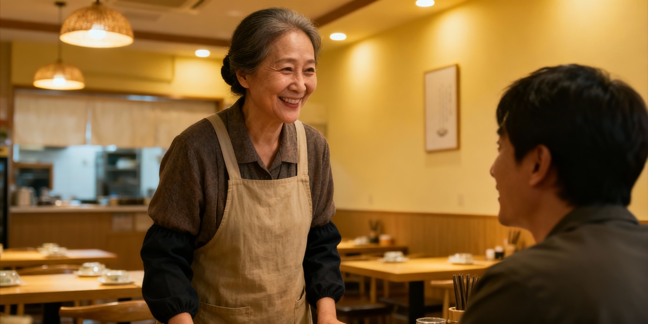 个体经营者，干净整洁的饭店背景，50岁左右亚裔女性老板站立正在与前来就餐的坐着的客户闲聊，镜头对侧脸，图片尺寸2000*1000预览效果